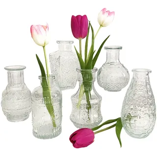 Glasvase Vintage, Mini Vase klar, H: 11,5-14,5 cm (6er Set) - kleine Vase, Blumenvase, Landhaus Vasen, Tischdekoration, Blumendeko, Hochzeit Deko