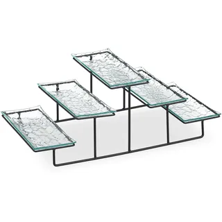 Relaxdays Servierständer, 3-stöckige Etagere, 5 Servierteller aus Glas, Eisen, 17,5 x 46 x 24,5 cm, transparent/schwarz