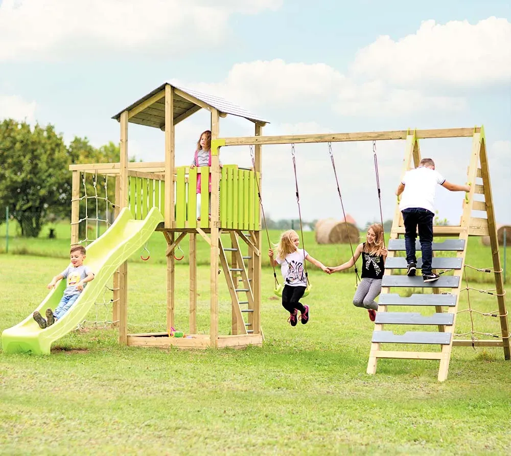 Wendi Toys Holz Spielturm Dino | inkl. Rutsche, Kletterwand, Schaukel & Sandkasten | Natur | 438x561x307 cm - Natur