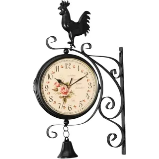 Milageto Doppelseitige Bahnhofsuhr, Vintage-Wanduhr mit Halterung, wasserdichte Gartenuhr für den Außenbereich, Retro-Eisenbahnhofsuhr, 36 cm, große Hängeluhr für den Innen- und Außenbereich, Stil j
