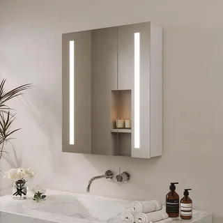 Spiegelschrank Bad mit Beleuchtung 60 cm breit 70 cm höhe Aluminium Badezimmer Spiegel Schrank Steckdose LED Badschrank doppelt verspiegelt Infrarot IR Sensor Antibeschlag dimmbar Kaltweiß Licht