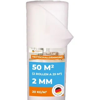 Trittschalldämmung 2mm, 3mm oder 5mm Profi Basic 50 m2 2 Rollen als Laminatunterlage und Parkettunterlage zur Schall- und Wärmedämmung aus PE-Schaumfolie Fußbodenheizung