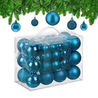 Relaxdays Weihnachtskugeln im 50er Set, Kunststoff, glitzernde, Matte, glänzende Baumkugeln, Christbaumschmuck, Petrol