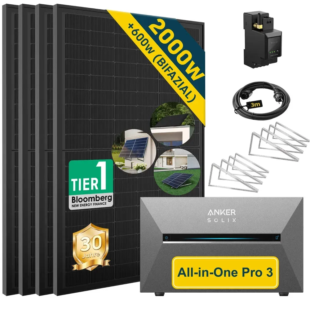 ALLDREI Balkonkraftwerk mit Speicher Anker Solix Solarbank 3 E2700 Pro 2,68kWh - 500W x4 / Ohne Erweiterungsakku / Mit Flachdach-Halterung