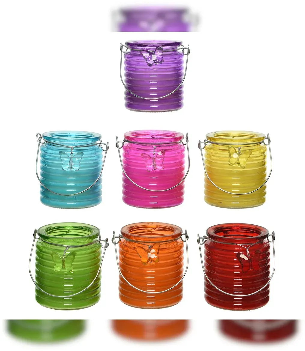 Decoris 1 Citronella Kerze 9cm im Glas Laterne Schmetterling Deko Outdoor Duftkerzen Garten Balkon Draußen gegen Mücken Insekten Mückenschutz Glaskerze Bunt