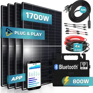 SUNNIVA® Balkonkraftwerk 800W komplett Steckdose - Astro-Energy 800W Micro Wechselrichter - PV Solaranlage Komplettset, 4x 425W (1700W) Solarmodule, inkl.5m Kabel, Y-Verteiler, Bluetooth, WIFI