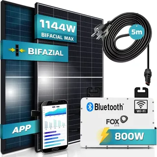 SUNNIVA® 880W Balkonkraftwerk 800W komplett Steckdose, Fox ESS 800W Wechselrichter, PV Solaranlage Komplettset, 2x 440W BIFAZIAL Black Frame Solarmodule, 5m Kabel - Bluetooth