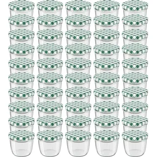 WELLGRO Einmachgläser mit Schraubdeckel - 230 ml, 8,5 x 6,5 cm (ØxH), Glas / Metall, grün karierte Deckel To 82, Gläser Germany, verschiedene M... - Grün