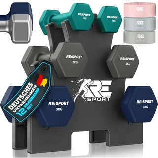 RE:SPORT® Hantel-Set 3 Paar, 1kg - 5kg, 12kg oder 18kg mit Ständer & 3x Fitnessbänder | Rutschfeste Neopren Kurzhanteln für Damen & Herren | Hanteln Hantelset (Türkis/Grau/Marineblau, 12 kg)