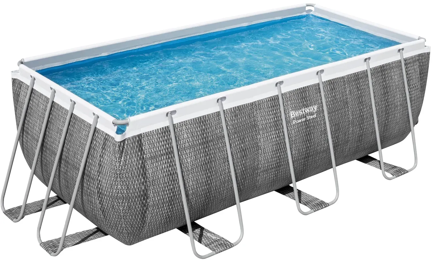 Bestway Power Steel Frame Pool-Set mit Filterpumpe 412 x 201 x 122 cm, Rattan-Optik (Schiefergrau), eckig
