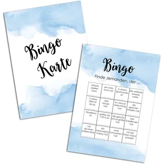 Bingokarten "Aquarell blau", Hochzeitsspiel für Gäste und Brautpaar, 50 Stück