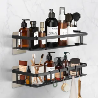 Withosent Duschablage Ohne Bohren, 2 Stück Duschregal Schwarz Aluminium, Duschkorb Selbstklebend mit 4 Haken, Badezimmer Regal Wand Rostfrei, Badregal Shower Shelf für Bad Küche 31cm