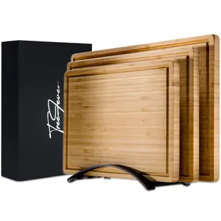 TreeFever Bambus Schneidebrett Set, 3er-Holz Schneidebretter mit Stnder aus elegantem Aluminium zum Trocknen, Kchenbrett-Schneidebretter Set, Gastro Schneidebrett mit Saftrille, Geschenk (Schwarz)
