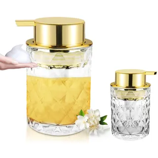 Abriclo Glas Schäumender Seifenspender Nachfüllbarer Schäumender Handseifenspender mit Gold Große Pumpe Breite Öffnung für Badezimmer Küche Arbeitsplatte Moderne Wohnkultur mit Elegantem Muster-300ml