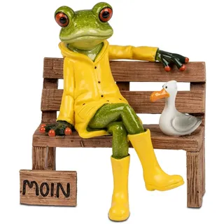 Formano Frosch auf Bank mit Moin-Gruß und Möwe aus Kunststein, handbemalt, 13 cm, Norddeutscher Frosch mit gelben Gummistiefeln und Regenparker
