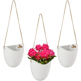 Relaxdays Wandvase 3er Set, Hängetopf innen, mit Schnur zum Aufhängen, Blumenampel, für Pflanzen & Blumen, Keramik, weiß,