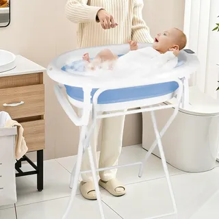 Faltbare Babybadewanne mit Standfuß – Große XXL-Badewanne mit Halterung/Sitz und Drainage-Set – Babybecken von Geburt bis 3 Jahre – Babygeschenk – (Stil 1) 85 x 47 x 85 cm – Blau