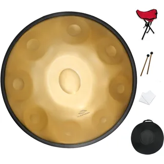 GLADFRESIT 432hz Handpan Steel Drum 9 Notes 22inch "GOLD Performer" in D Minor with handpan stand, handpan case, durable mallets and dust-free cloth (432 Hz)