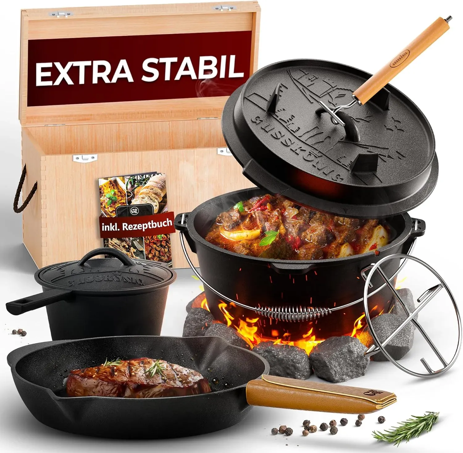 GUSSKÖNIG Dutch Oven Set 8-teilig - bereits eingebranntes Gusseisen Topf Set
