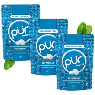 PUR Mints | Aspartamfreie bonbons für frischen Atem | Mit Xylitol | Zuckerfrei, vegan, glutenfrei | Natürlicher Pfefferminz-Geschmack | 65 Stück im wiederverschließbaren Beutel (3er-Pack)