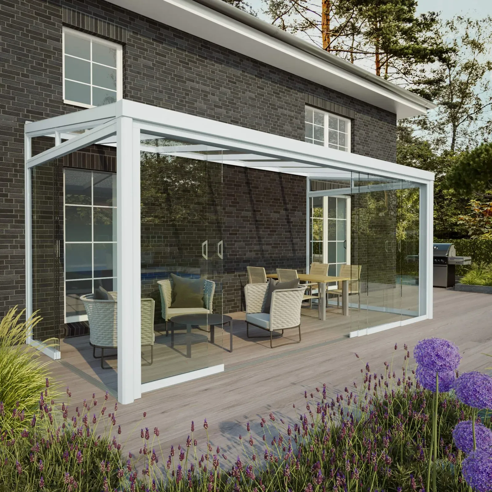 Glasschiebetüren | Vorderseite | RAL 9016 | Breite 3,90 m | Glasscheiben 4 | Glasbreite 98 cm