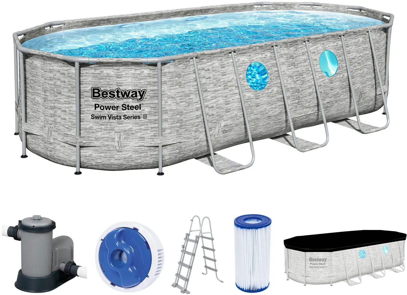 Bestway Power Steel Swim Vista Series Frame Pool Komplett-Set mit Filterpumpe 549 x 274 x 122 cm, Steinwand-Optik (Cremegrau), oval
