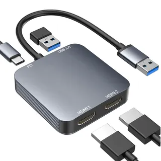 ABLEWE USB 3.0 auf Dual HDMI Adapter mit USB 3.0 Port, HDMI zu USB Audio Video Grafikkonverter Kabel für Laptop Monitor Desktop TV, kompatibel mit Mac OS, Windows