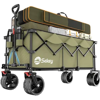 Sekey XXXL Bollerwagen Faltbar 300L 200KG Belastbar, Faltbarer Bollerwagen 17x10 cm Extra Breite Reifen Alle Gelände, Patentiert Klappbar aus Vier Richtungen, XXXL-Super 4013, Olivgrün