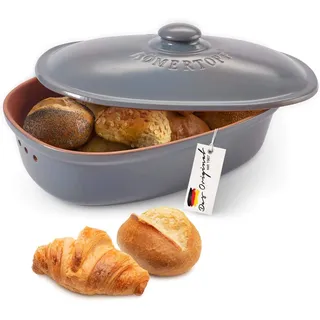 Römertopf Brottopf oval MAXI 6,5 Liter - Brotkasten Blau-Grau aus Keramik - Atmungsaktiver Tontopf für langanhaltende Frische von Brot und Brötchen