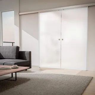 inova Doppeltür Glas-Schiebetür 2-Flügelig 1510 x 2035 mm satiniert Alu Komplettset mit Lauf-Schiene und Griffmuschel beidseitige Einzugsdämpfung