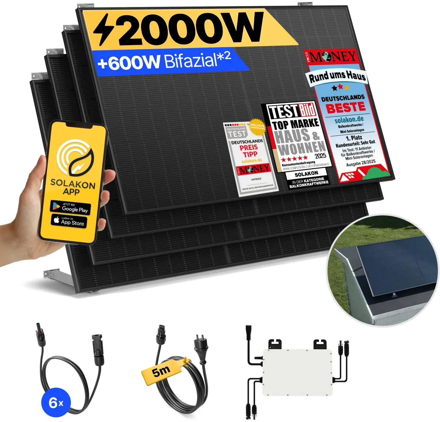 onPower: 2000 Watt Balkonkraftwerk - Gartenhaus / ohne Speicher / 5m
