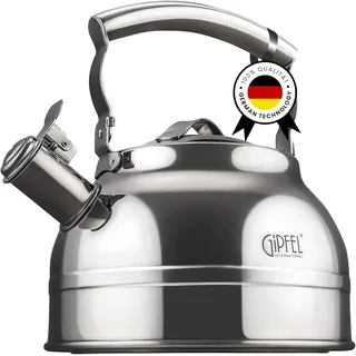 GIPFEL INTERNATIONAL Flötenkessel mit Pfeifen, Teekessel aus lebensmittelechtem Edelstahl, Kochfeldkessel mit ergonomischem Griff für Gasherd, Induktion, elektrisch, 2,3 Liter