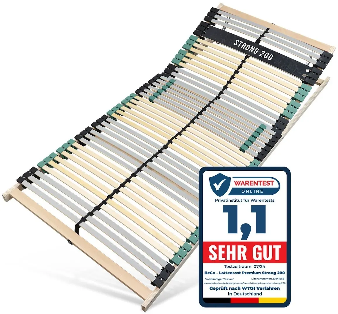 Sleepneo Lattenrost 90x200 PREMIUM STRONG 200 aus Buchenholz, Kopfteil verstellbar, 7 Zonen Lattenrost mit 42 Latten, Made in Germany, bis 200Kg