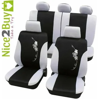 PETEX Auto Sitzbezüge Universal Komplett Set 17-teilig - Flower weiß, Eco Class mit SAB 1 Vario Plus
