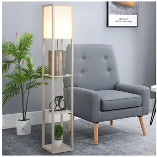 HOMCOM Stehlampe Standlampe mit Lampenschirm, Ablagefächer, Lichtquelle, Fußschalter, ohne Leuchtmittel, Stehlampe mit Ablagen, platzsparend braun
