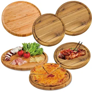 LS-LebenStil XL Pizzateller 32cm Rund FSC Bambus Holz Zertifiziert Brotzeitbrett Schneidebrett Servierteller Fleischteller Vesperbrett Käsebrett Steakbrett groß