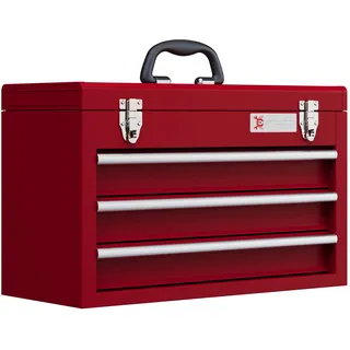 DURHAND Werkzeugkoffer leer, 51 x 22 x 32 cm Werkzeugkasten mit 3 Schubladen, oberes Staufach, Handgriff, Werkzeugkiste mit 2 Schloss, aus Stahl, Rot