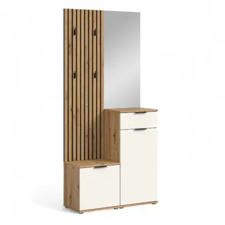HBZ Simple Flurgarderoben Set in Artisan Eiche Optik, Weiß - Moderne Kompaktgarderobe mit Spiegel für Ihren Eingangsbereich - 88 x 195 x 35 cm (B/H/T) ca. 88x195x35 Eiche, weiß
