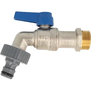 Hermann Schmidt Kugelauslaufventil 3/4 Zoll mit passender Steckkupplung und Teflonband, matt verchromt, Griff blau