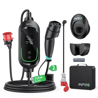 INFGO Mobile Wallbox 11kW [3-phasig, 6,2m, 6-16A], EV Charger mit Einstellbarer Ladeleistung & Timer-Funktion, Typ 2 Ladekabel CEE Stecker für Model Y/3, ID.3, i4, EQB, e-tron usw., Schwarz