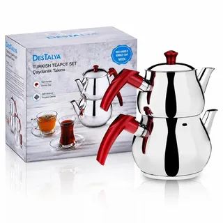 DESTALYA Türkische Teekanne Set Caydanlik Takimi Celik (Midi Rot)