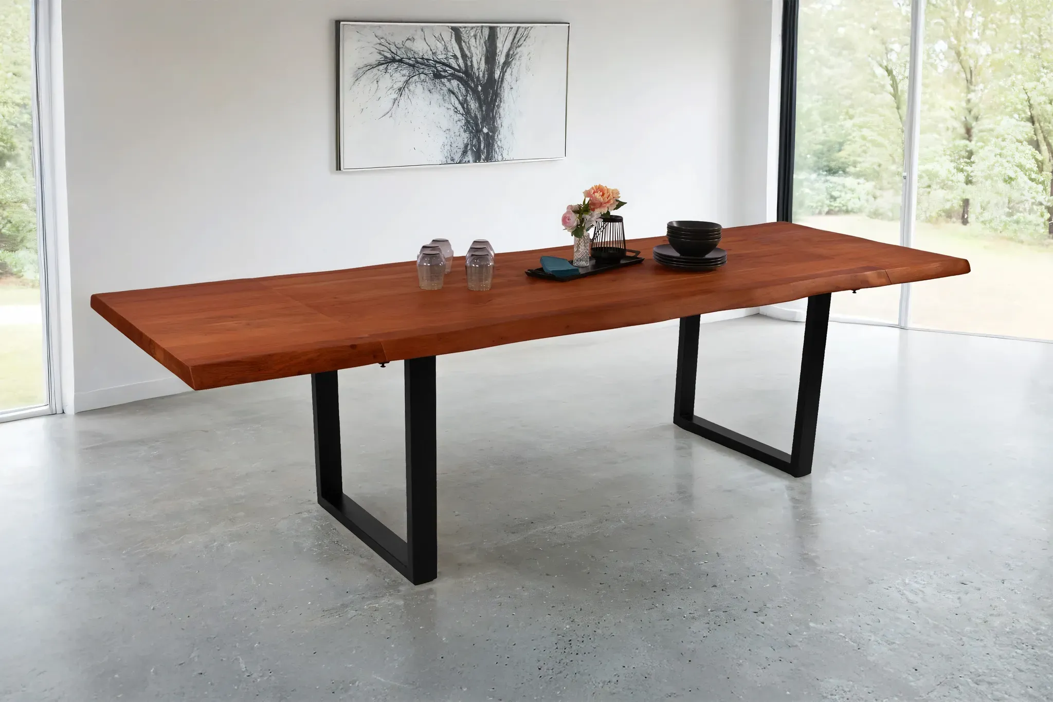 Esstisch mit Ansteckplatten 160(260)x90 cm Baumkante Akazie nussbaum U-Gestell schwarz CALI