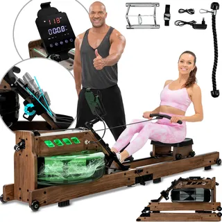 Miweba Sports Rudergerät für Zuhause MR700 Pro | Rudergerät Wasser - Rudergeräte klappbar - Kinomap App - Bluetooth - LED Wassertank - Rudermaschine - Holz Wasserrudergerät (Esche dunkel Pro)