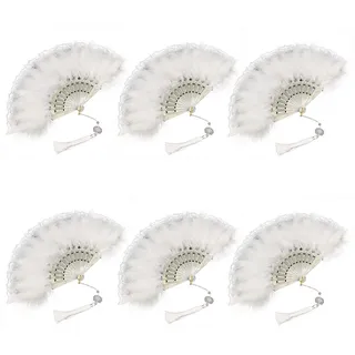 Uposao Damen Fächer Feder,6 Stücke Vintage Stil 20er Jahre Feder Handfächer Faltbar Handheld Marabou Federfächer Gatsby Kostüm Flapper Zubehör für Hochzeit Halloween Karneval, Mottoparty Tanzen,Weiße