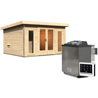 Karibu Saunahaus Mainburg 2 mit Vorraum - 38 mmnaturbelassen Set C (Sauna B 1,34 x T 1,34 m mit 2 Liegen 57/52 cm) 9 kW Bio-Kombiofen inkl. Steuergerät inkl. 8-teiligem gratis Zubehörpaket (Gesamtwert 191,92€)