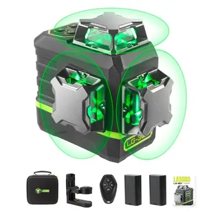 LasGoo Kreuzlinienlaser Selbstnivellierendes 360°x3 grün für Bau und Aufhängen von Bildern, Fernbedienung, professioneller magnetischer Drehständer, 2 wiederaufladbare Li-Ion-Akkus, LG-3Ds