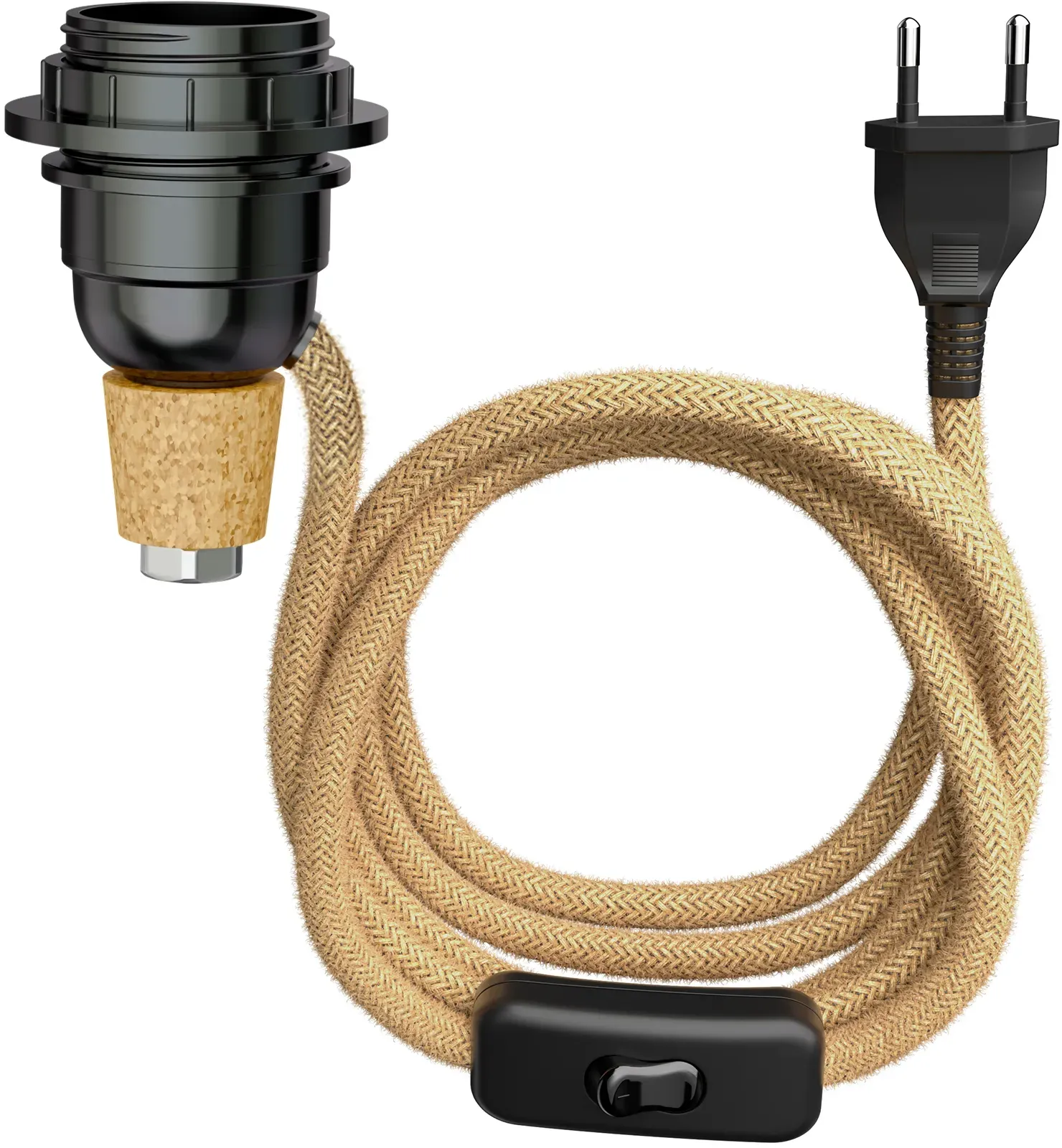 ledscom.de Tischlampe Korkenlampe FLAKO mit Schalter und Textilkabel, Hanf, natur-beige, 1x E27 max. 60W, ohne Flasche, ohne Leuchtmittel