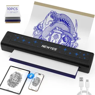Tattoo-Stencildrucker, Kabelloser Tragbarer Thermodrucker mit Bluetooth inkl. 10 Blatt A4 Stencilpapier für Tätowierer & Einsteiger | Kompatibel mit Android, iOS, macOS und Windows