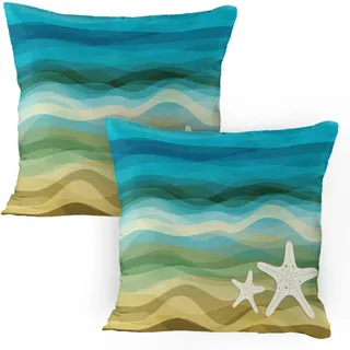 ABAKUHAUS Abstrakt Kissenbezug Packung mit 2, Abstrakte Design Moderne Illustration Wellen Starfish Sandy Strand Wasser Themas, Dekorativer Standard Gedruckter Kissenbezug, 80 x 80 cm, Beige Blau