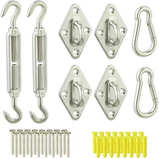 Relaxdays Sonnensegel Befestigung Set, 40-teilig, Edelstahl, Montageset mit Spannschrauben, Karabinern, Wandösen, silber